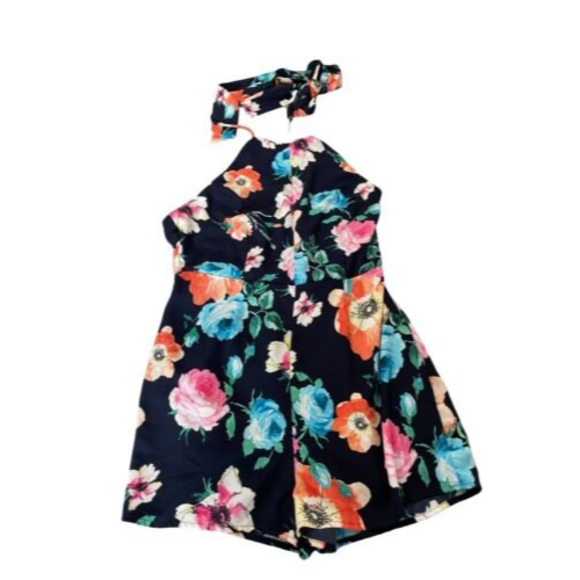 Peach Love California Romper Womens Medium Navy Floral Jumpsuit Strappy Halter‎ - Picture 1 of 7